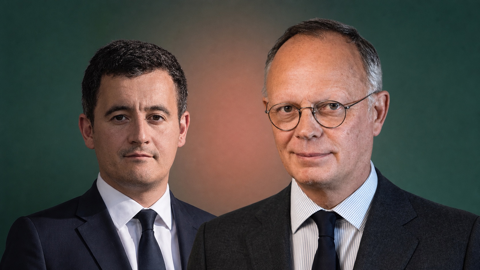 Portraits de Gérald Darmanin et d’Édouard Philippe sur un fond vert et corail.