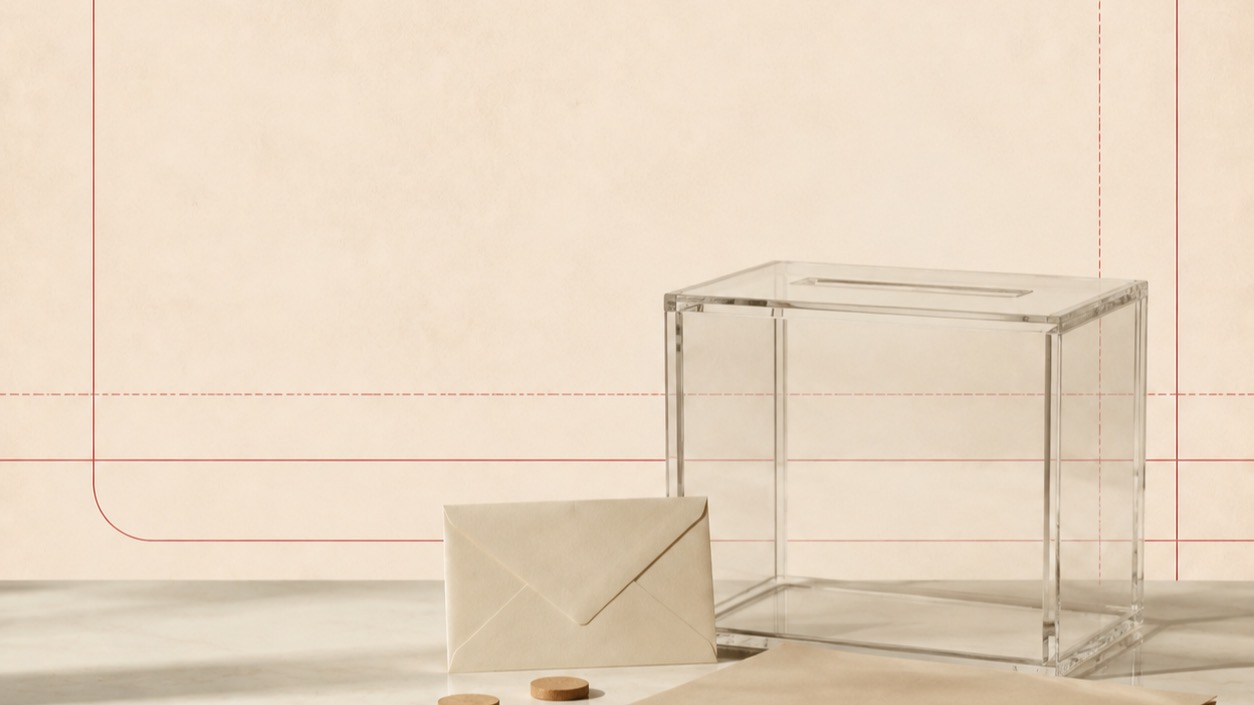 Une urne transparente, une enveloppe et des jetons de comptage sur une table claire.