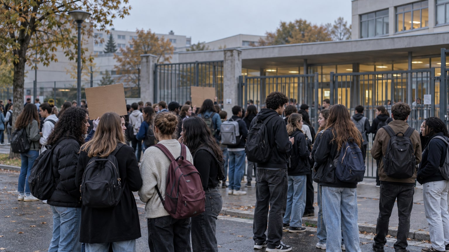 Des lycéens rassemblés devant l’entrée d’un établissement scolaire, avec des pancartes vierges.